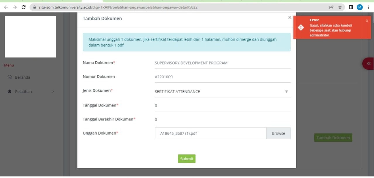 Gagal Submit Sertifikat Pelatihan Gagal Submit Sertifikat Pelatihan