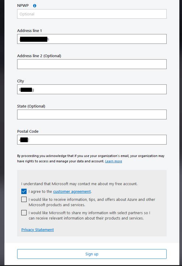 Sign Up (Microsoft Azure)