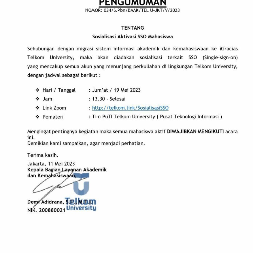 Undangan Sosialisasi Aktivasi SSO untuk Mahasiswa Telkom University Kampus Jakarta