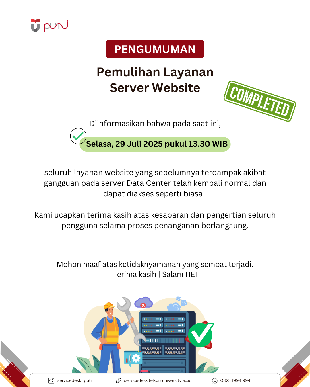 [INFO PuTI] Pemulihan Layanan Server Website