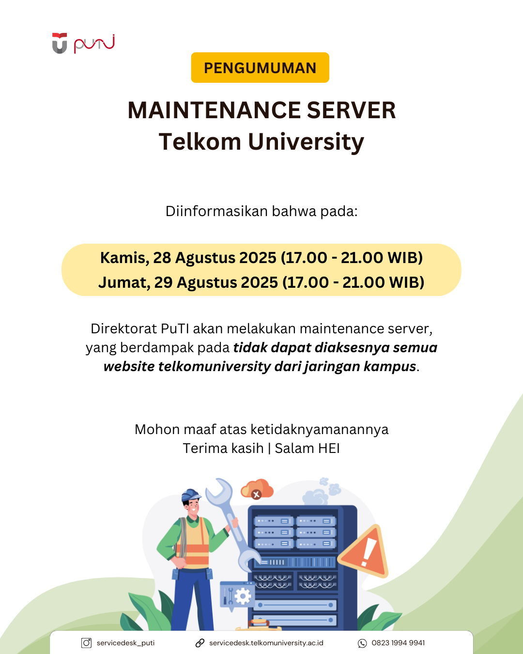 [INFO PuTI] Maintenance Server Telkom University