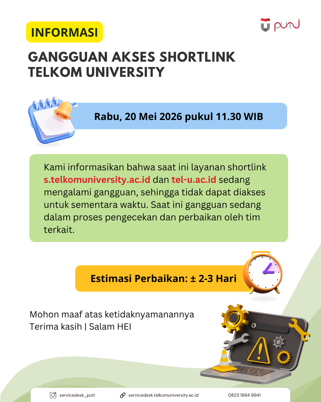 [INFO PuTI] Informasi Gangguan Akses Shortlink Telkom University