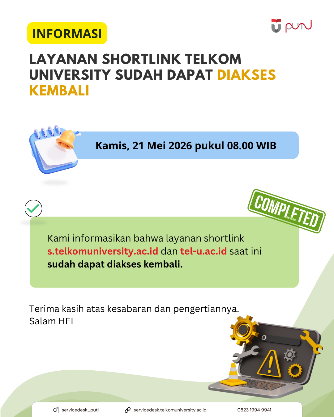 [INFO PuTI] Informasi Layanan Shortlink Telkom University Kembali Normal