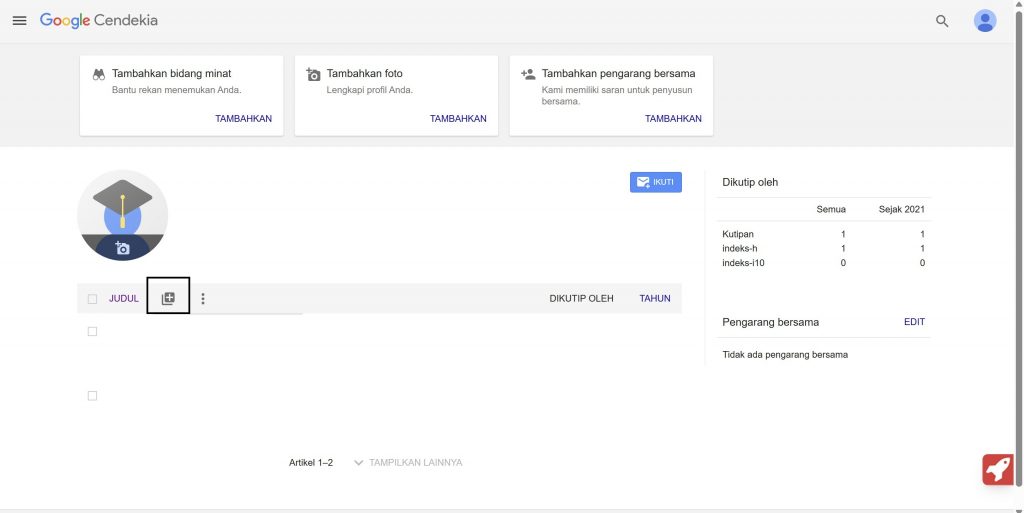Tanda Tambah pada Edit Profile Google Scholar